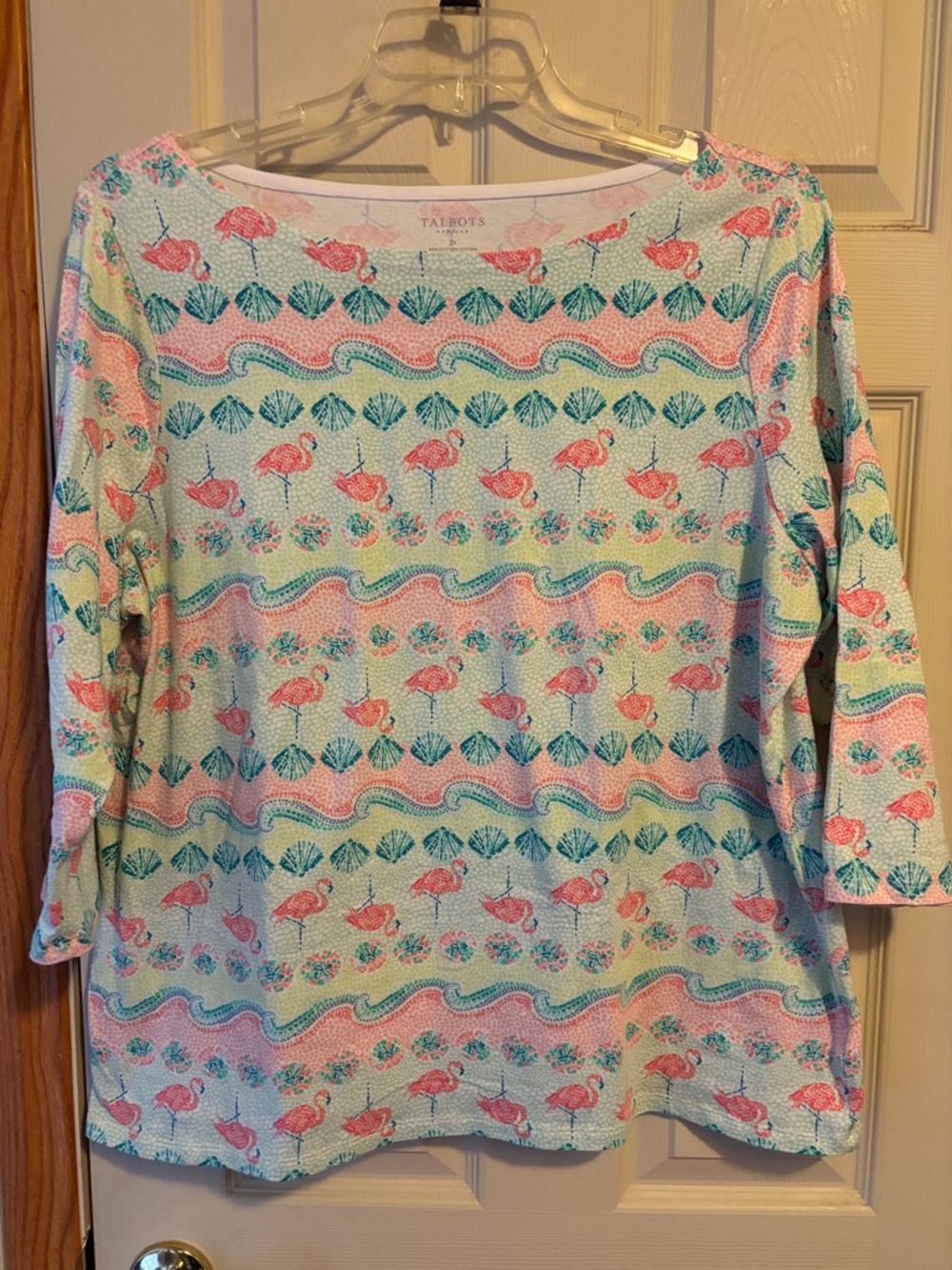 Talbots Pink and Aqua Flamingo & Shell Long Sleeve Tee